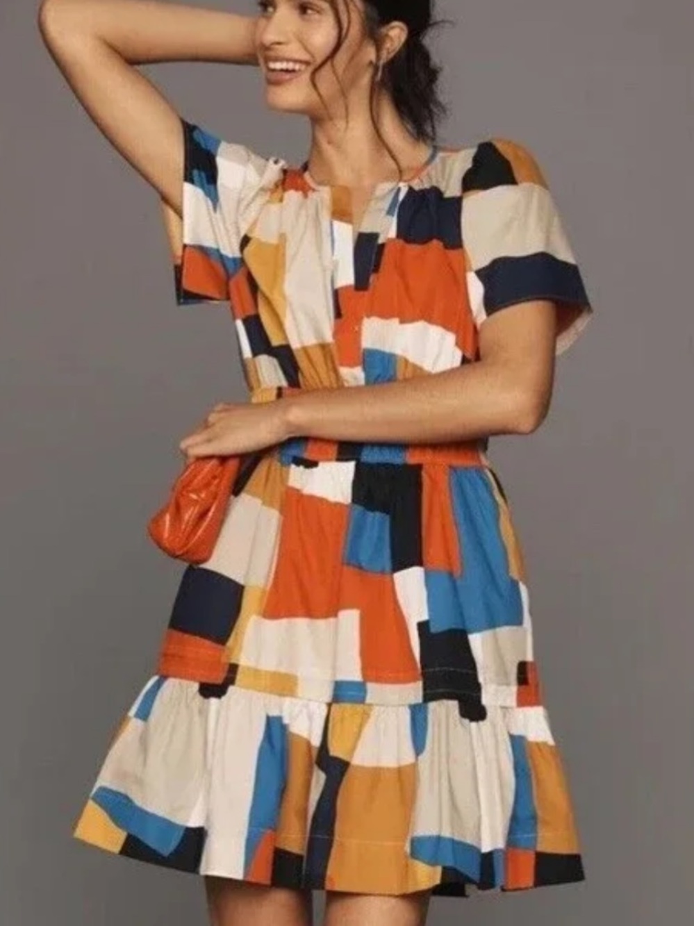 Anthropologie The Somerset Tiered Mini Dress Novelty Color Block Size XS